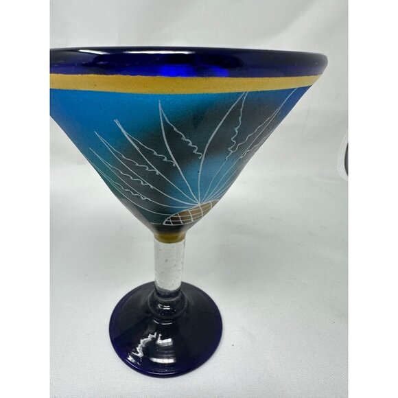2 Hand-Painted Mexican Blown Glass Margarita Glasses Cactus Sleeping Man  Blue - Picture 5 of 16